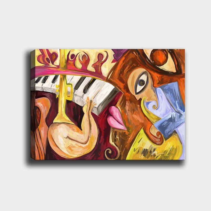 Canvastavla 70x100 cm - Färgstark och abstrakt komposition med musikaliska inslag och ansiktsmotiv, Röd / Gul / Blå
