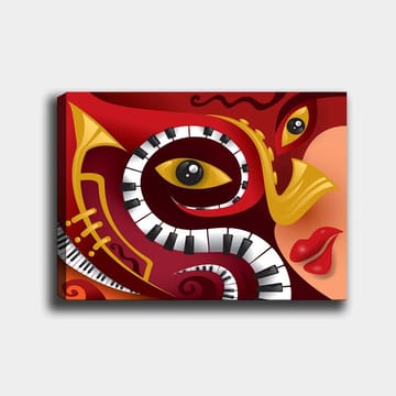 Canvastavla 70x100 cm - Färgstark och abstrakt komposition som förenar musikaliska element med ansiktsdrag - Röd / Svart / Gul - Inredning - Tavlor & posters - Canvastavla
