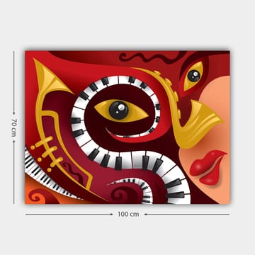 Canvastavla 70x100 cm - Färgstark och abstrakt komposition som förenar musikaliska element med ansiktsdrag - Röd / Svart / Gul - Inredning - Tavlor & posters - Canvastavla