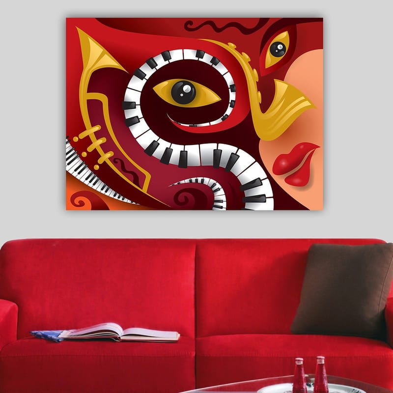 Canvastavla 70x100 cm - Färgstark och abstrakt komposition som förenar musikaliska element med ansiktsdrag - Röd / Svart / Gul - Inredning - Tavlor & posters - Canvastavla