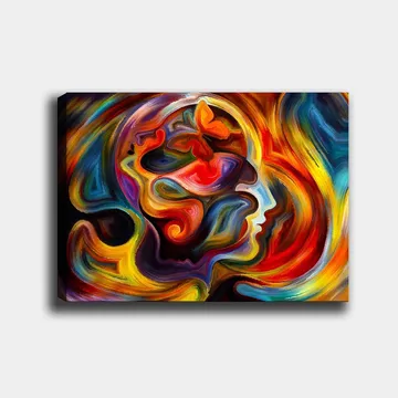 Canvastavla 70x100 cm - Färgstark och abstrakt skildring av en människas profil med inslag av en fjäril som symboliserar transformation och frihet - Röd / Orange / Blå - Inredning - Tavlor & posters - Canvastavla
