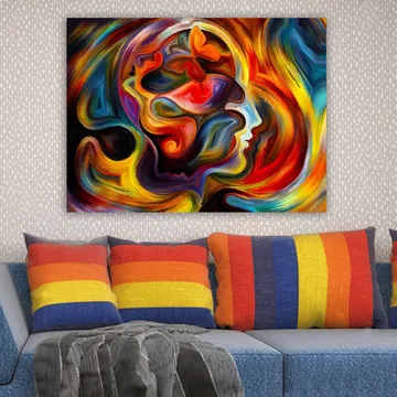 Canvastavla 70x100 cm - Färgstark och abstrakt skildring av en människas profil med inslag av en fjäril som symboliserar transformation och frihet - Röd / Orange / Blå - Inredning - Tavlor & posters - Canvastavla