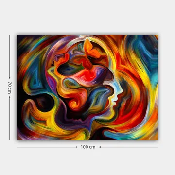 Canvastavla 70x100 cm - Färgstark och abstrakt skildring av en människas profil med inslag av en fjäril som symboliserar transformation och frihet - Röd / Orange / Blå - Inredning - Tavlor & posters - Canvastavla