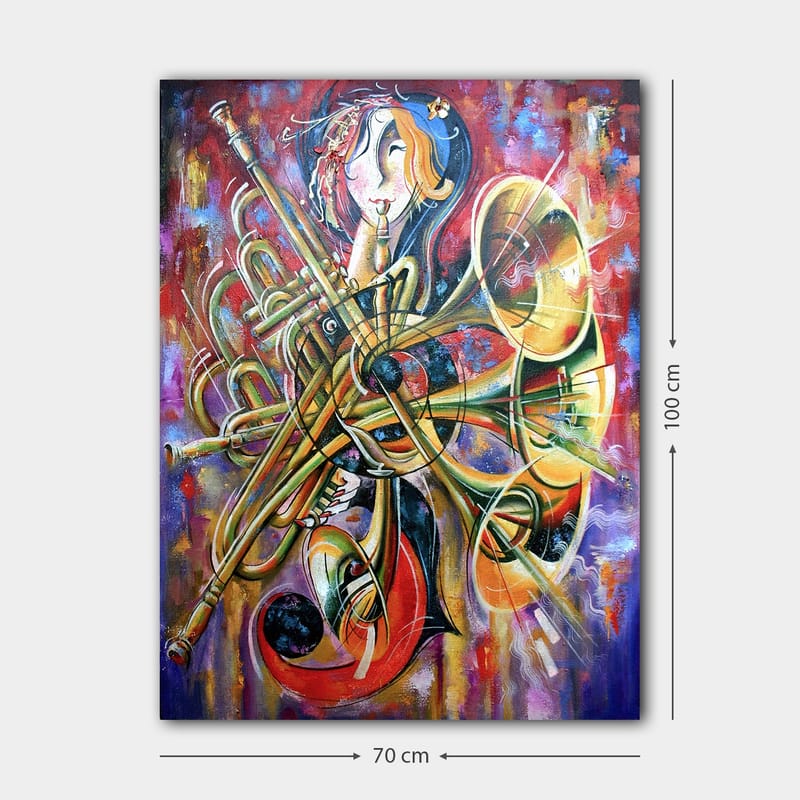 Canvastavla 70x100 cm - Färgstark och abstrakt skildring av en musiker omgiven av olika blåsinstrument - Guld / Röd / Blå - Inredning - Tavlor & posters - Canvastavla
