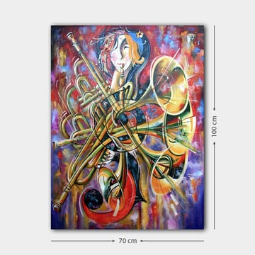 Canvastavla 70x100 cm - Färgstark och abstrakt skildring av en musiker omgiven av olika blåsinstrument - Guld / Röd / Blå - Inredning - Tavlor & posters - Canvastavla