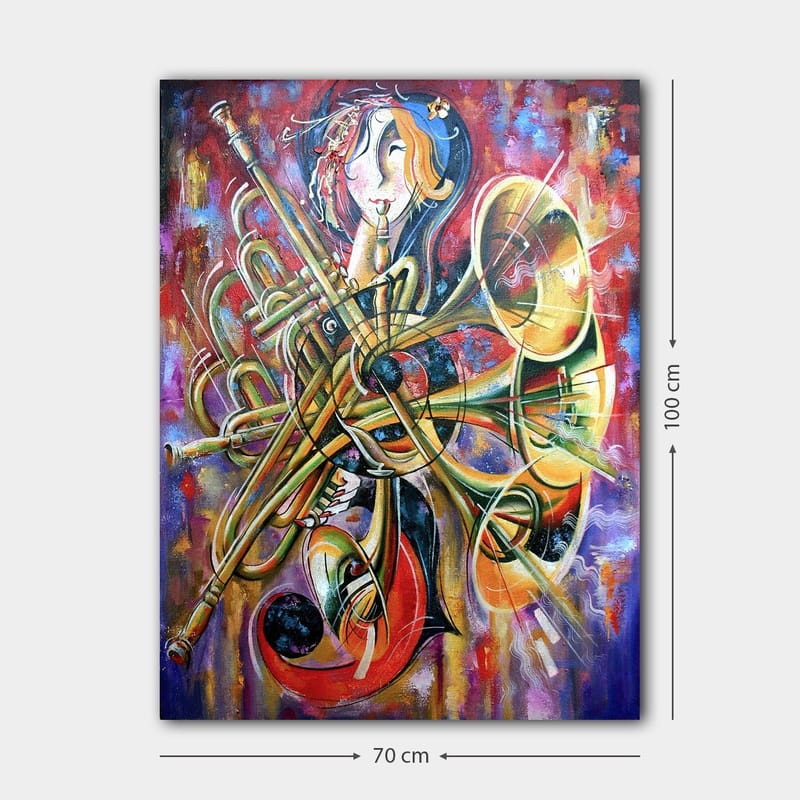 Canvastavla 70x100 cm - Färgstark och abstrakt skildring av en musiker omgiven av olika blåsinstrument - Guld / Röd / Blå - Inredning - Tavlor & posters - Canvastavla