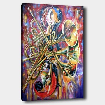 Canvastavla 70x100 cm - Färgstark och abstrakt skildring av en musiker omgiven av olika blåsinstrument - Guld / Röd / Blå - Inredning - Tavlor & posters - Canvastavla