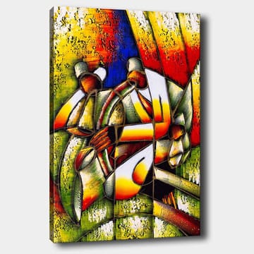 Canvastavla 70x100 cm - Färgstark och abstrakt skildring av människor som interagerar med varandra - Grön / Gul / Röd - Inredning - Tavlor & posters - Canvastavla