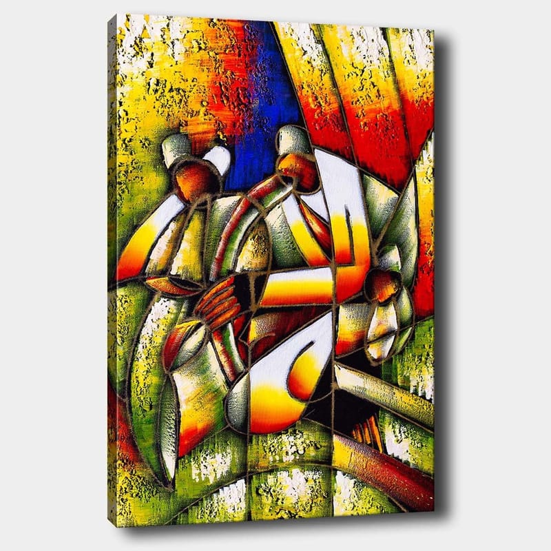Canvastavla 70x100 cm - Färgstark och abstrakt skildring av människor som interagerar med varandra, Grön / Gul / Röd