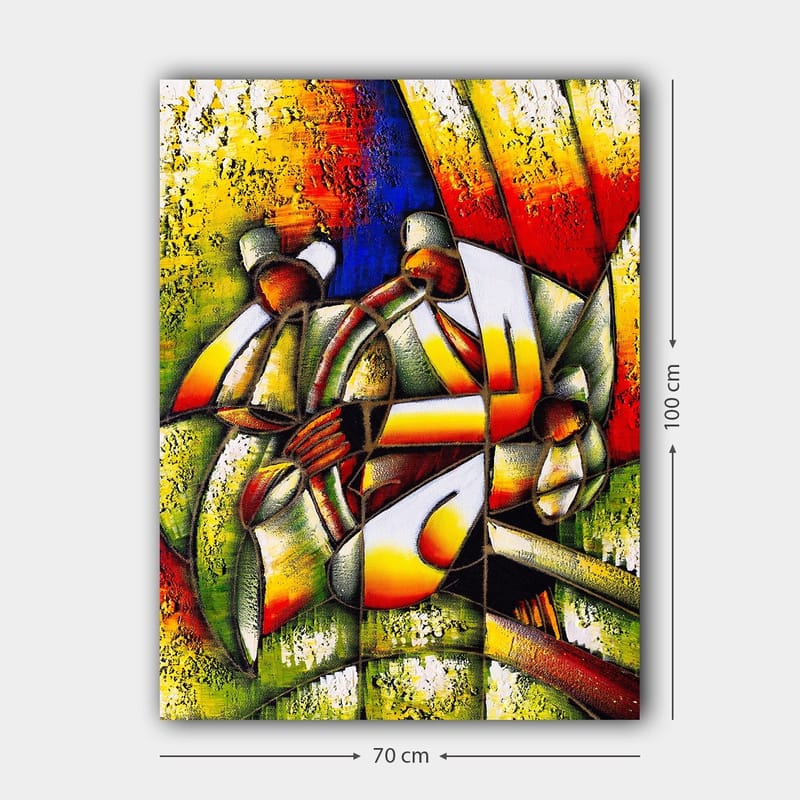 Canvastavla 70x100 cm - Färgstark och abstrakt skildring av människor som interagerar med varandra - Grön / Gul / Röd - Inredning - Tavlor & posters - Canvastavla