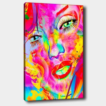 Canvastavla 70x100 cm - Färgstark och abstrakt porträtt av en kvinna med uttrycksfulla ögon och läppar - Rosa / Gul / Grön - Inredning - Tavlor & posters - Canvastavla