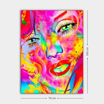 Canvastavla 70x100 cm - Färgstark och abstrakt porträtt av en kvinna med uttrycksfulla ögon och läppar - Rosa / Gul / Grön - Inredning - Tavlor & posters - Canvastavla