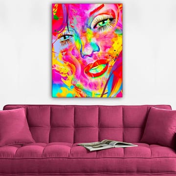 Canvastavla 70x100 cm - Färgstark och abstrakt porträtt av en kvinna med uttrycksfulla ögon och läppar - Rosa / Gul / Grön - Inredning - Tavlor & posters - Canvastavla