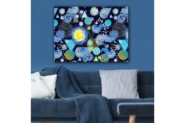 Canvastavla 70x100 cm - Färgstark och dynamisk tolkning av natthimlen med snurrande galaxer och geometriska former - Blå / Gul / Vit - Inredning - Tavlor & posters - Canvastavla