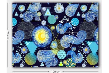 Canvastavla 70x100 cm - Färgstark och dynamisk tolkning av natthimlen med snurrande galaxer och geometriska former - Blå / Gul / Vit - Inredning - Tavlor & posters - Canvastavla