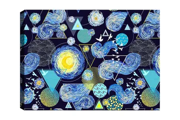 Canvastavla 70x100 cm - Färgstark och dynamisk tolkning av natthimlen med snurrande galaxer och geometriska former - Blå / Gul / Vit - Inredning - Tavlor & posters - Canvastavla