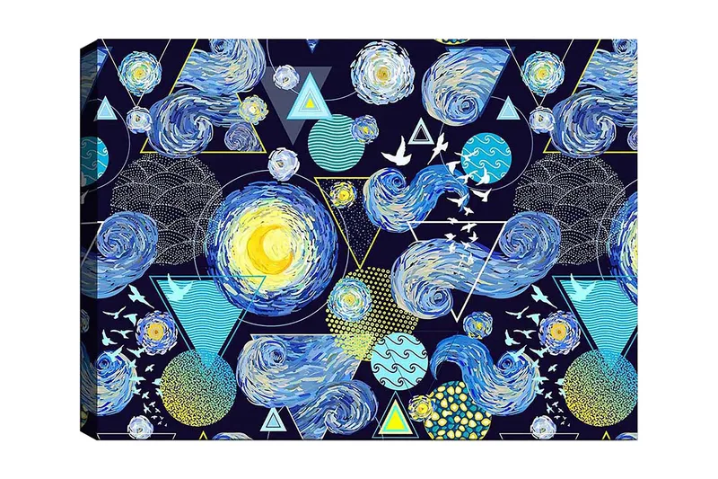 Canvastavla 70x100 cm - Färgstark och dynamisk tolkning av natthimlen med snurrande galaxer och geometriska former, Blå / Gul / Vit