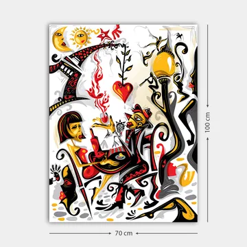 Canvastavla 70x100 cm - Färgstark och livfull scen med en kvinna och en man som interagerar, omgiven av symboler för kärlek och liv - Röd / Svart / Gul - Inredning - Tavlor & posters - Canvastavla