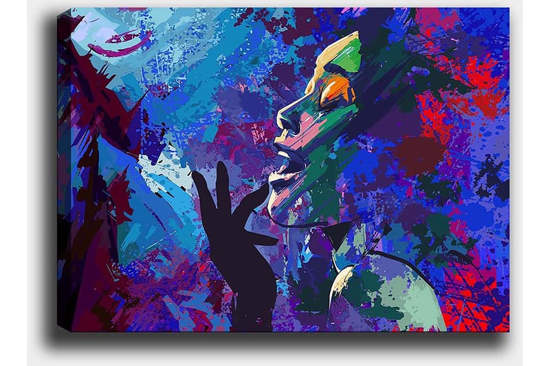 Canvastavla 70x100 cm - Färgstark och uttrycksfull porträttmålning av en kvinna som gestikulerar med handen mot ansiktet - Blå / Grön / Lila - Inredning - Tavlor & posters - Canvastavla