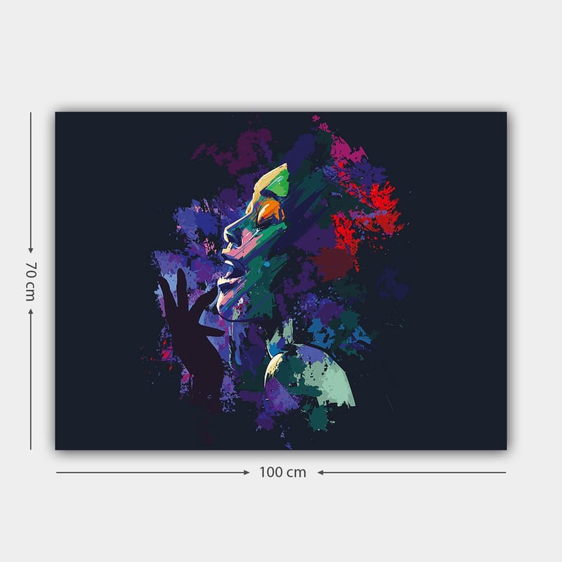 Canvastavla 70x100 cm - Färgstark och uttrycksfull porträtt av en kvinna som sjunger med passion - Lila / Grön / Röd - Inredning - Tavlor & posters - Canvastavla