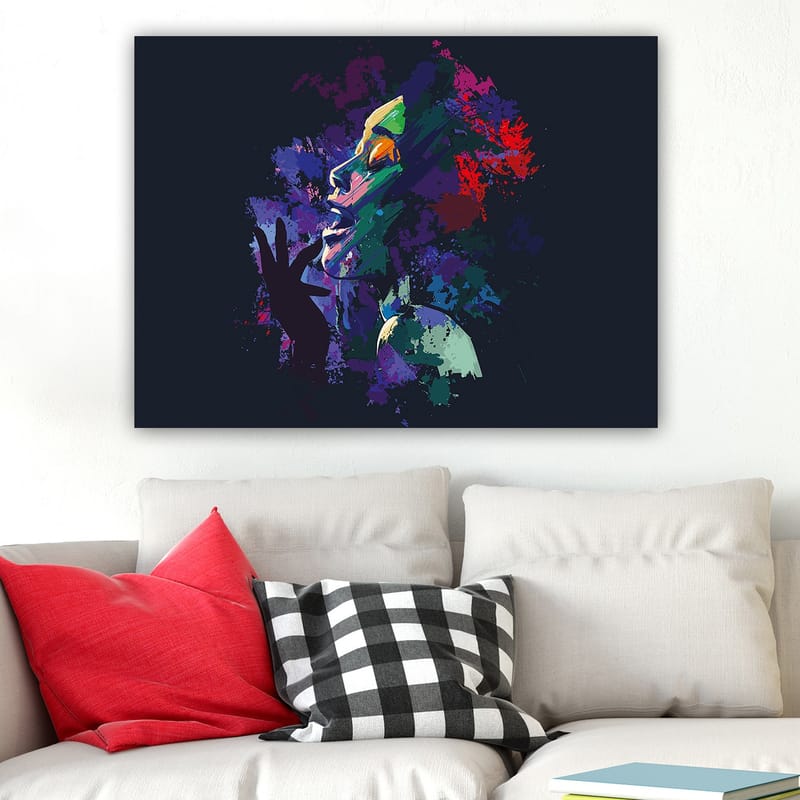 Canvastavla 70x100 cm - Färgstark och uttrycksfull porträtt av en kvinna som sjunger med passion - Lila / Grön / Röd - Inredning - Tavlor & posters - Canvastavla