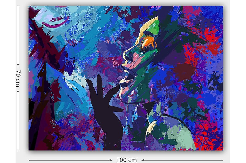 Canvastavla 70x100 cm - Färgstark och uttrycksfull porträttmålning av en kvinna som gestikulerar med handen mot ansiktet - Blå / Grön / Lila - Inredning - Tavlor & posters - Canvastavla