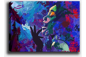 Canvastavla 70x100 cm - Färgstark och uttrycksfull porträttmålning av en kvinna som gestikulerar med handen mot ansiktet - Blå / Grön / Lila - Inredning - Tavlor & posters - Canvastavla