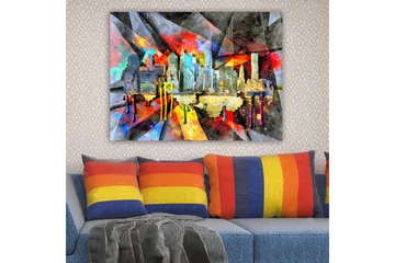 Canvastavla 70x100 cm - Färgstark stadsbild som fångar en skyline med skyskrapor och reflektioner i vattnet - Blå / Röd / Gul - Inredning - Tavlor & posters - Canvastavla