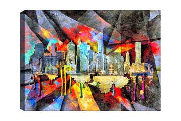 Canvastavla 70x100 cm - Färgstark stadsbild som fångar en skyline med skyskrapor och reflektioner i vattnet - Blå / Röd / Gul - Inredning - Tavlor & posters - Canvastavla