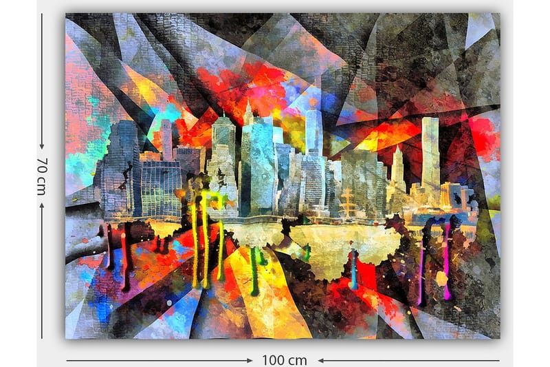 Canvastavla 70x100 cm - Färgstark stadsbild som fångar en skyline med skyskrapor och reflektioner i vattnet - Blå / Röd / Gul - Inredning - Tavlor & posters - Canvastavla