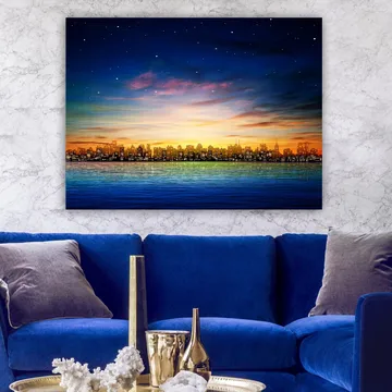 Canvastavla 70x100 cm - Färgstark stadsutsikt vid solnedgång med reflektioner i vattnet - Mörkblå / Orange / Ljusgrön - Inredning - Tavlor & posters - Canvastavla