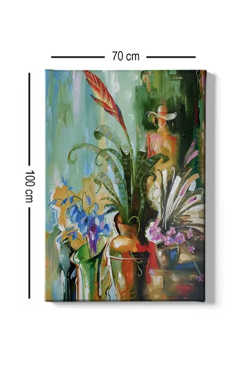 Canvastavla 70x100 cm - Färgstark stillhet med blommor och växter i vaser - Grön / Röd / Lila - Inredning - Tavlor & posters - Canvastavla