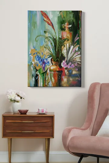 Canvastavla 70x100 cm - Färgstark stillhet med blommor och växter i vaser - Grön / Röd / Lila - Inredning - Tavlor & posters - Canvastavla