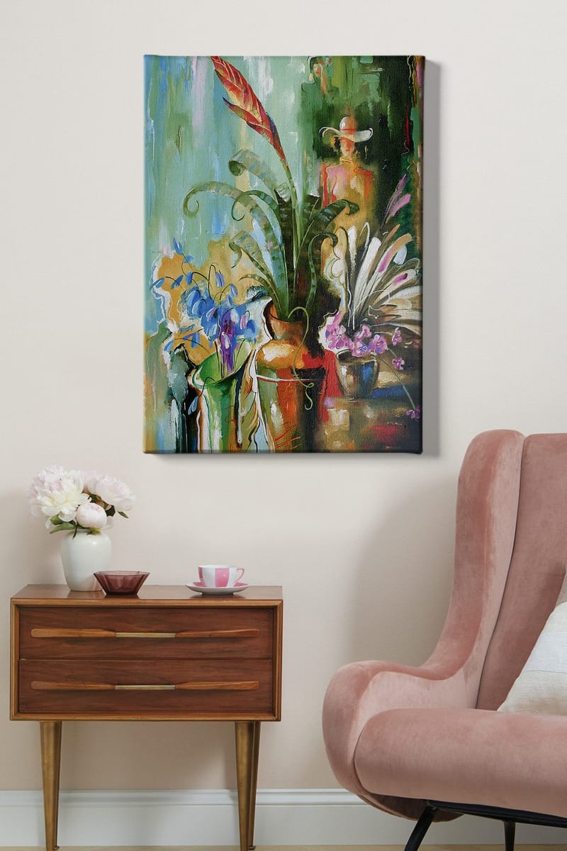 Canvastavla 70x100 cm - Färgstark stillhet med blommor och växter i vaser - Grön / Röd / Lila - Inredning - Tavlor & posters - Canvastavla