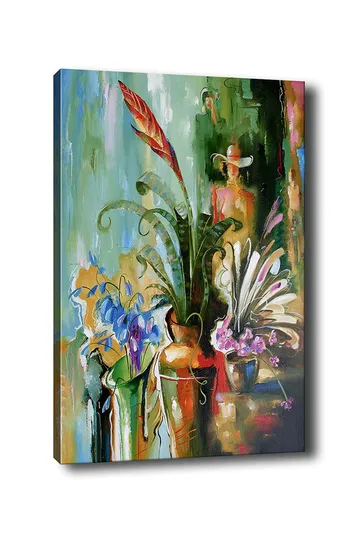 Canvastavla 70x100 cm - Färgstark stillhet med blommor och växter i vaser - Grön / Röd / Lila - Inredning - Tavlor & posters - Canvastavla