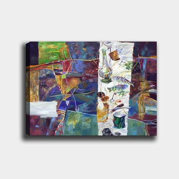 Canvastavla 70x100 cm - Färgstark stillhet med ett dukat bord som visar olika föremål och mat - Grön / Blå / Lila - Inredning - Tavlor & posters - Canvastavla