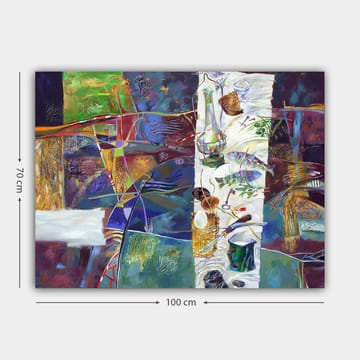 Canvastavla 70x100 cm - Färgstark stillhet med ett dukat bord som visar olika föremål och mat - Grön / Blå / Lila - Inredning - Tavlor & posters - Canvastavla