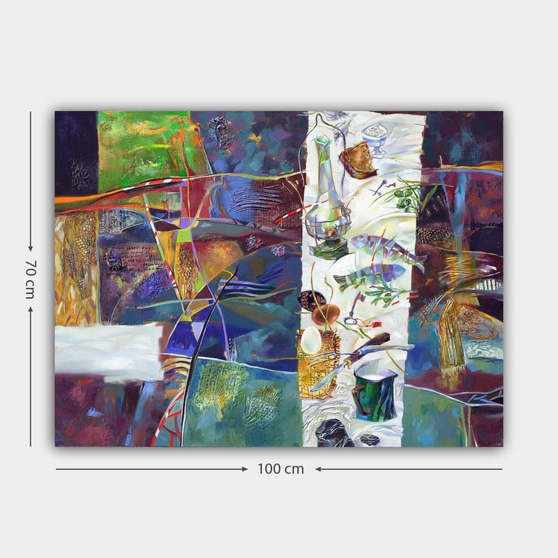 Canvastavla 70x100 cm - Färgstark stillhet med ett dukat bord som visar olika föremål och mat - Grön / Blå / Lila - Inredning - Tavlor & posters - Canvastavla