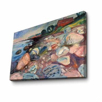 Canvastavla 70x100 cm - Färgstark strandscen med stenar och en röd stuga i bakgrunden - Blå / Rosa / Grön - Inredning - Tavlor & posters - Canvastavla