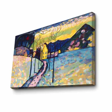 Canvastavla 70x100 cm - Färgstark vinterlandskap med en väg som leder till ett gult hus omgiven av snö och träd - Blå / Gul / Vit - Inredning - Tavlor & posters - Canvastavla