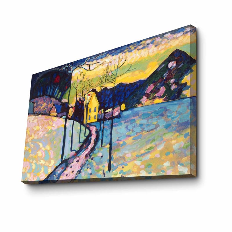 Canvastavla 70x100 cm - Färgstark vinterlandskap med en väg som leder till ett gult hus omgiven av snö och träd - Blå / Gul / Vit - Inredning - Tavlor & posters - Canvastavla