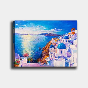 Canvastavla 70x100 cm - Färgstark vy över en grekisk kuststad med vita byggnader och blå kupoler som sträcker sig mot havet - Blå / Vit / Orange - Inredning - Tavlor & posters - Canvastavla