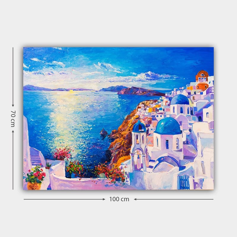 Canvastavla 70x100 cm - Färgstark vy över en grekisk kuststad med vita byggnader och blå kupoler som sträcker sig mot havet - Blå / Vit / Orange - Inredning - Tavlor & posters - Canvastavla