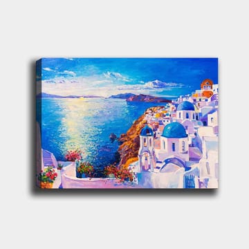 Canvastavla 70x100 cm - Färgstark vy över en grekisk kuststad med vita byggnader och blå kupoler som sträcker sig mot havet - Blå / Vit / Orange - Inredning - Tavlor & posters - Canvastavla