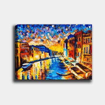 Canvastavla 70x100 cm - Färgstark vy av en kanal med byggnader och båtar under en solnedgång i en stad - Blå / Orange / Gul - Inredning - Tavlor & posters - Canvastavla