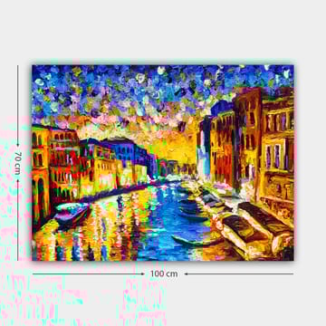 Canvastavla 70x100 cm - Färgstark vy av en kanal med byggnader och båtar under en solnedgång i en stad - Blå / Orange / Gul - Inredning - Tavlor & posters - Canvastavla