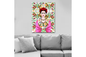 Canvastavla 70x100 cm - Färgstark porträtt av en kvinna med traditionell mexikansk klädsel och blommor i håret, omgiven av en livlig bakgrund med fåglar och blommor - Rosa / Grön / Röd - Inredning - Tavlor & posters - Canvastavla