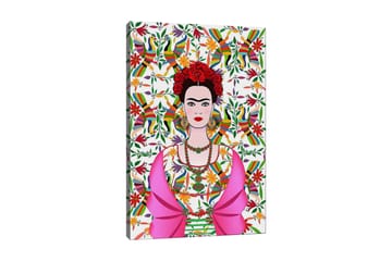 Canvastavla 70x100 cm - Färgstark porträtt av en kvinna med traditionell mexikansk klädsel och blommor i håret, omgiven av en livlig bakgrund med fåglar och blommor - Rosa / Grön / Röd - Inredning - Tavlor & posters - Canvastavla