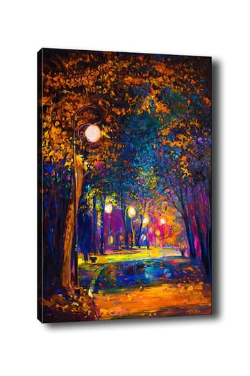 Canvastavla 70x100 cm - Färgstark park med gatulampor som lyser upp en promenadväg omgiven av träd i höstfärger - Mörkblå / Orange / Lila - Inredning - Tavlor & posters - Canvastavla