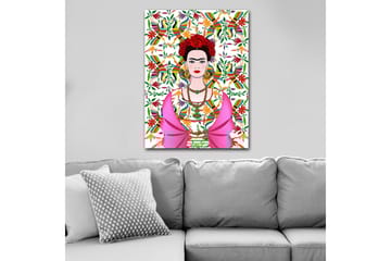 Canvastavla 70x100 cm - Färgstark porträtt av en kvinna med traditionell mexikansk klädsel och blommor i håret, omgiven av en livlig bakgrund med fåglar och blommor - Rosa / Grön / Röd - Inredning - Tavlor & posters - Canvastavla